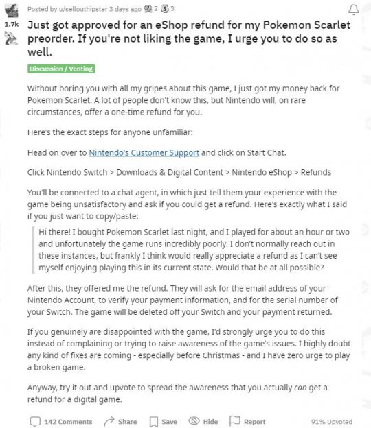 不满《宝可梦：朱/紫》性能表现 玩家向任天堂申请退款获批(图2)