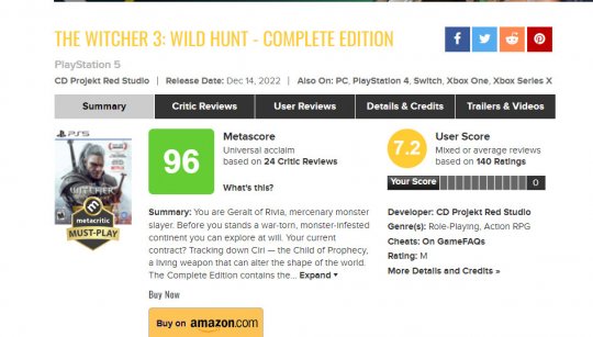 《巫师3》超《战神5》成今年MTC评分第二高的PS5游戏(图2)