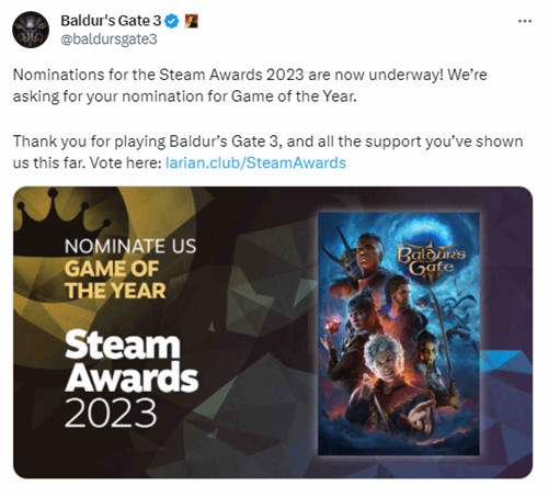 《博德之门3》为Steam年度游戏拉票，玩家十分看好!(图1)