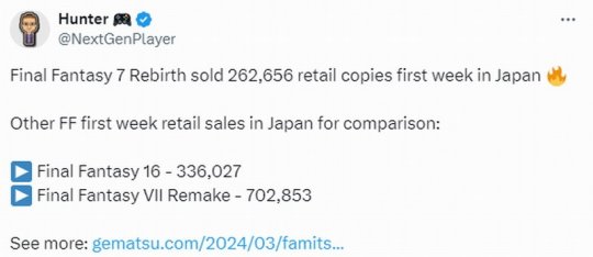 日本《最终幻想7：重生》实体首发销量比《最终幻想16》低22%(图1)